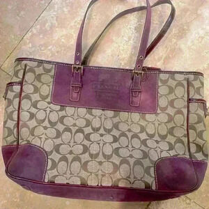Coach Signature Jacquard Shoulder Tote Bag Magenta Brown/Purple. Gently loved.